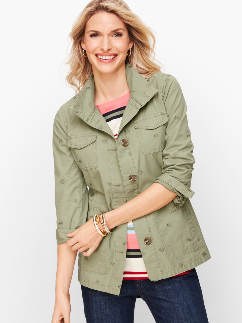 Talbots Green Embroidered Sage Safari Jacket Size Small Petite